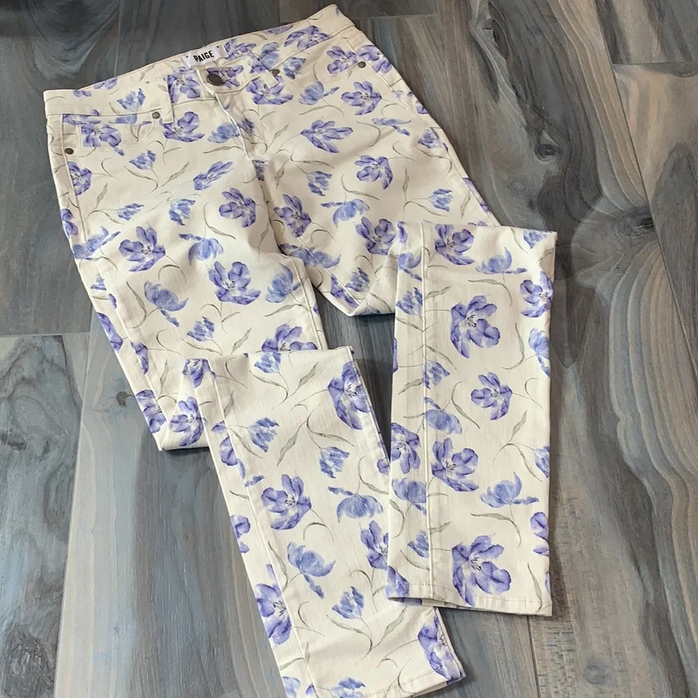 PAIGE Floral Straight Leg Jeans - Cream and Purple - Picture 3 of 4